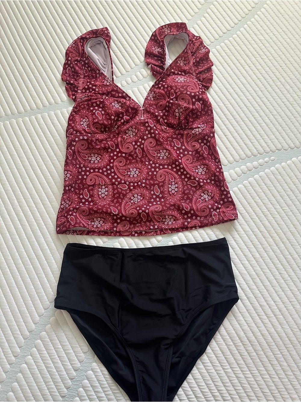 OP Burgundy Paisley Tankini Top & Black High-Waist Bottoms